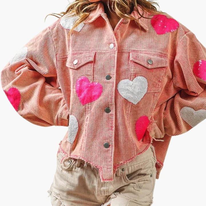 Damen Cordjacke mit Pailletten Herz Detail