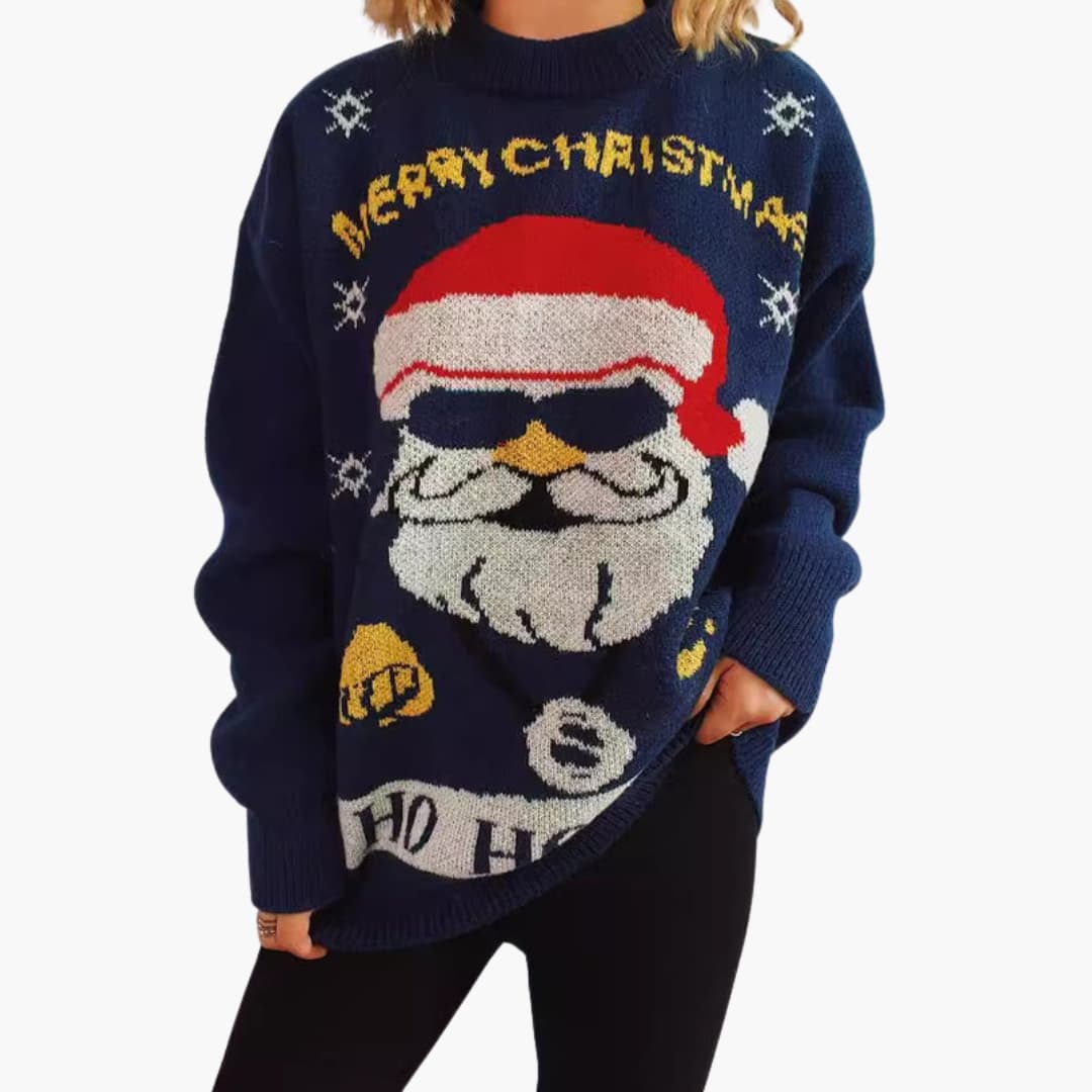 Damen Festlicher Pullover mit Weihnachtsmannmotiv und geradem Saum