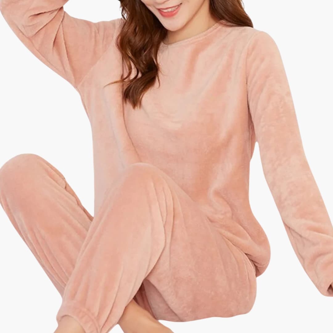 Damen Fleece Pyjama Set mit Rundhalsausschnitt und elastischem Bund