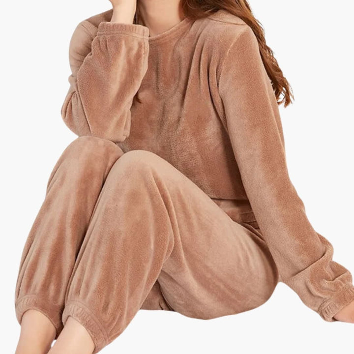 Damen Fleece Pyjama Set mit Rundhalsausschnitt und elastischem Bund