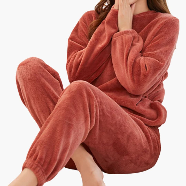 Damen Fleece Pyjama Set mit Rundhalsausschnitt und elastischem Bund