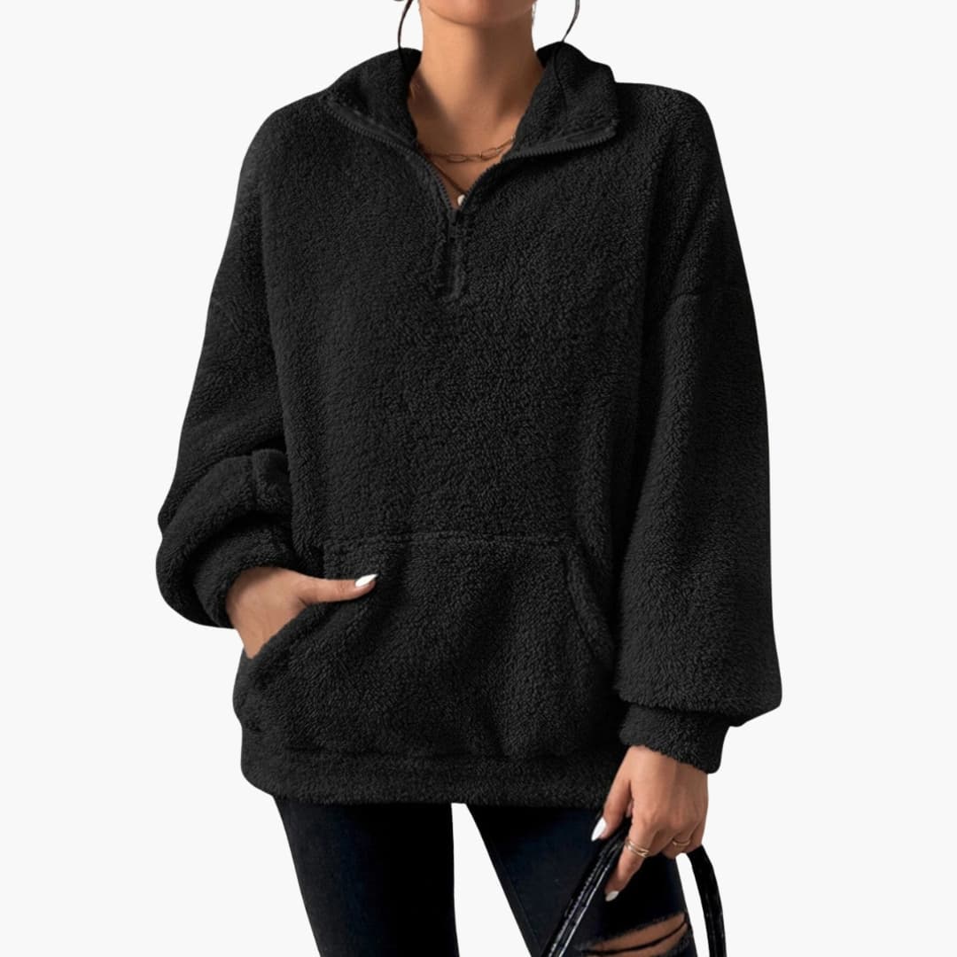 Damen Fleecepullover mit Halbzipp und Kängurutasche