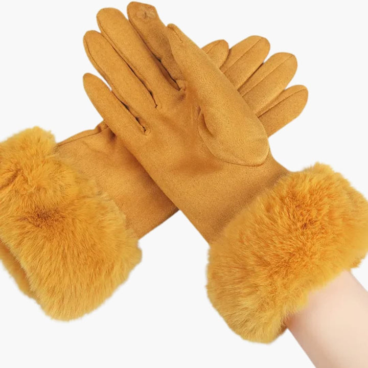 Damen Handschuhe mit Veloursoptik Kunstfellbesatz und Touchscreen Spitzen