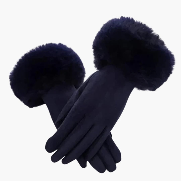 Damen Handschuhe mit Veloursoptik Kunstfellbesatz und Touchscreen Spitzen