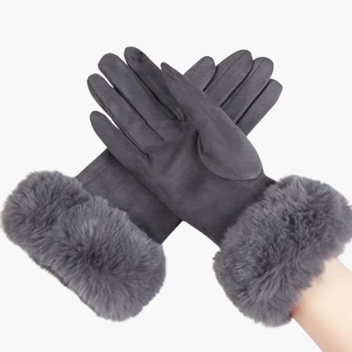 Damen Handschuhe mit Veloursoptik Kunstfellbesatz und Touchscreen Spitzen