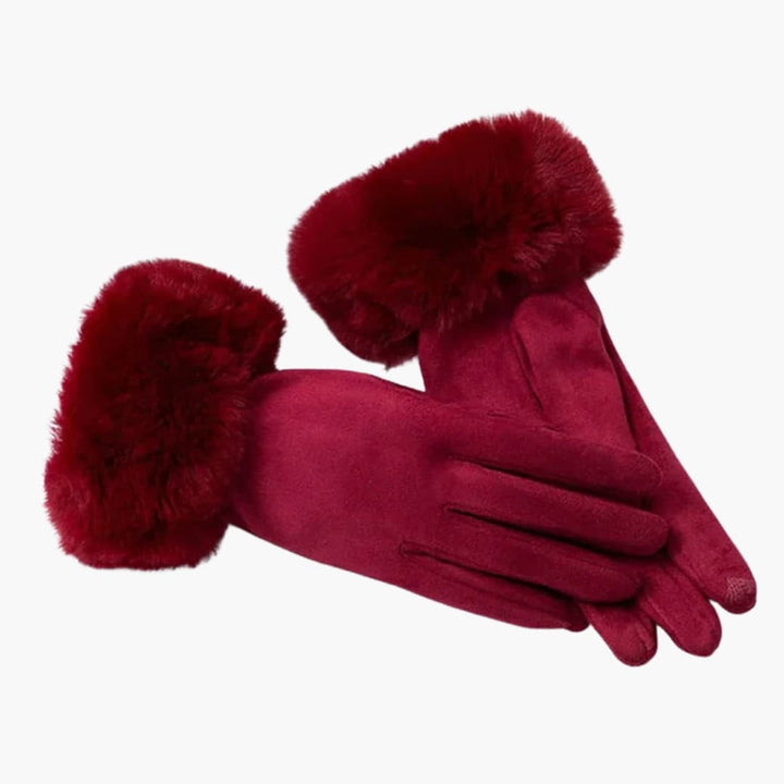 Damen Handschuhe mit Veloursoptik Kunstfellbesatz und Touchscreen Spitzen