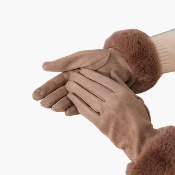 Damen Handschuhe mit Veloursoptik Kunstfellbesatz und Touchscreen Spitzen