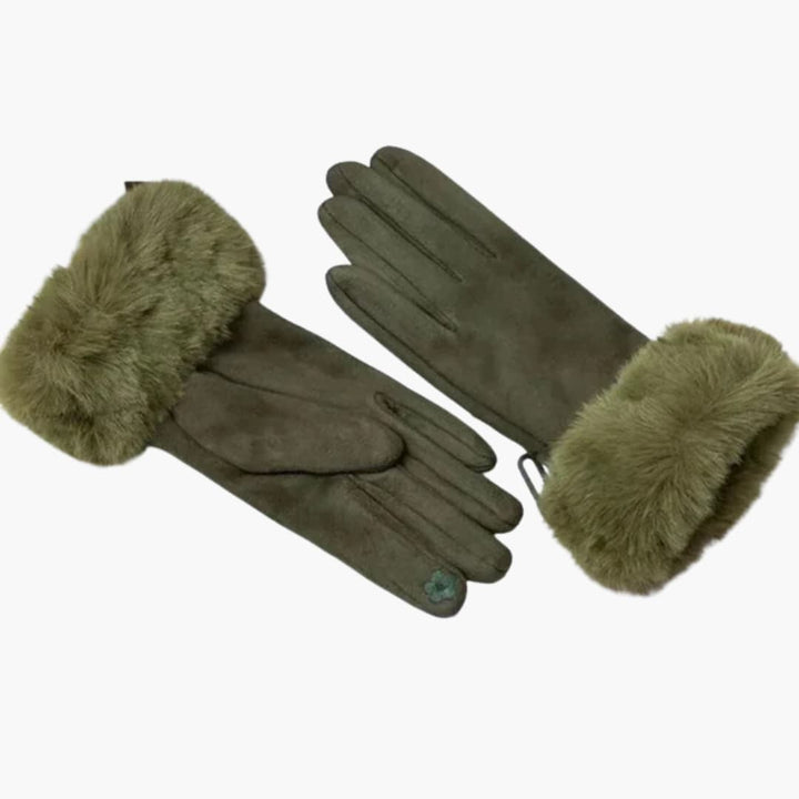 Damen Handschuhe mit Veloursoptik Kunstfellbesatz und Touchscreen Spitzen