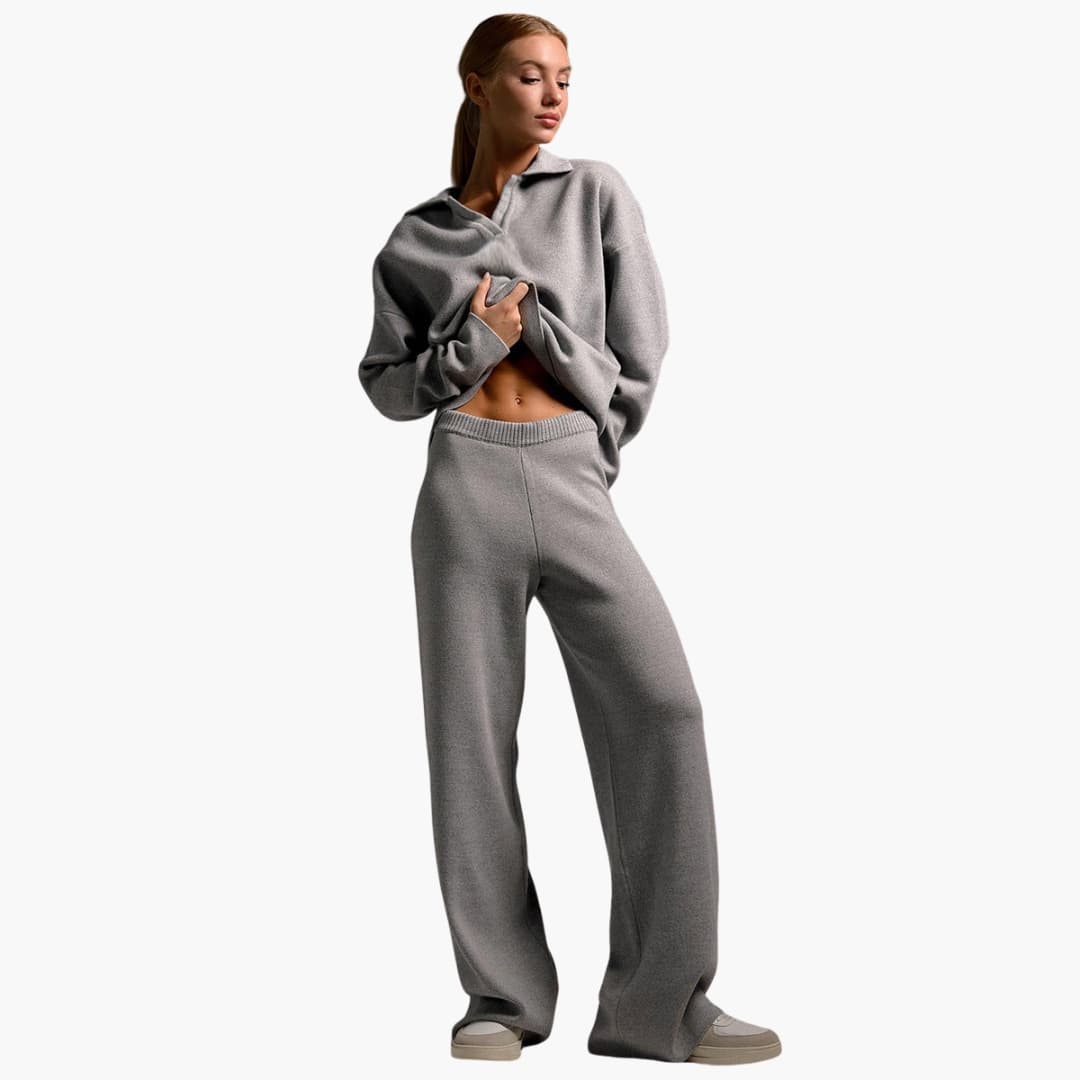 Damen Hausanzug mit Kragenoberteil und weiter Hose