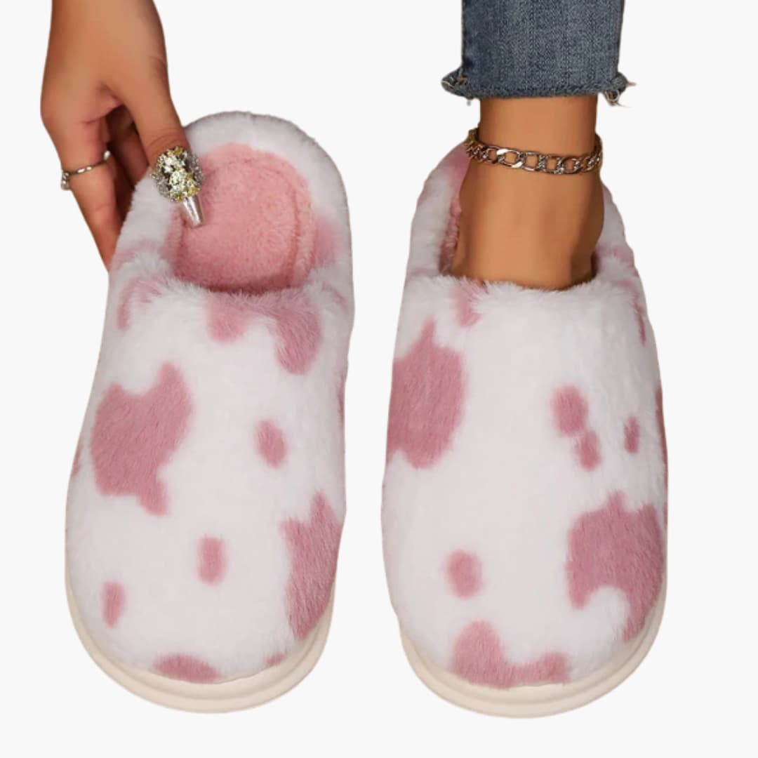 Damen Hausschuhe mit Kuhmuster und Plüschfutter