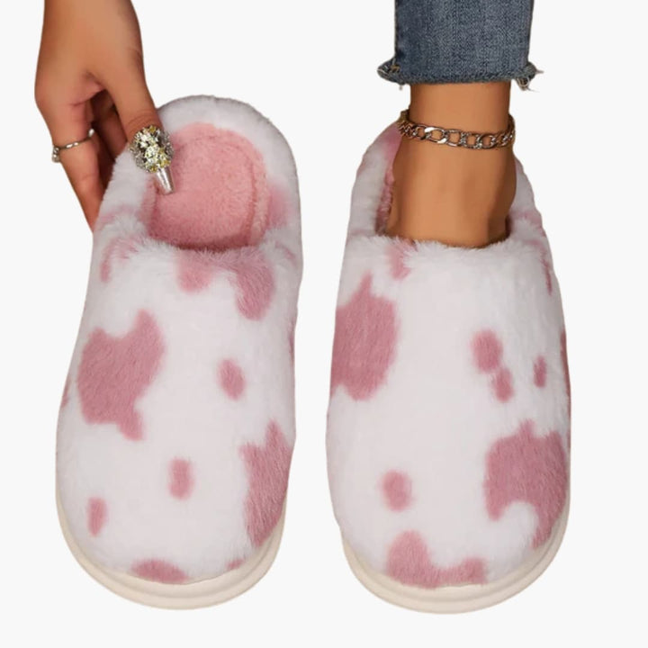 Damen Hausschuhe mit Kuhmuster und Plüschfutter