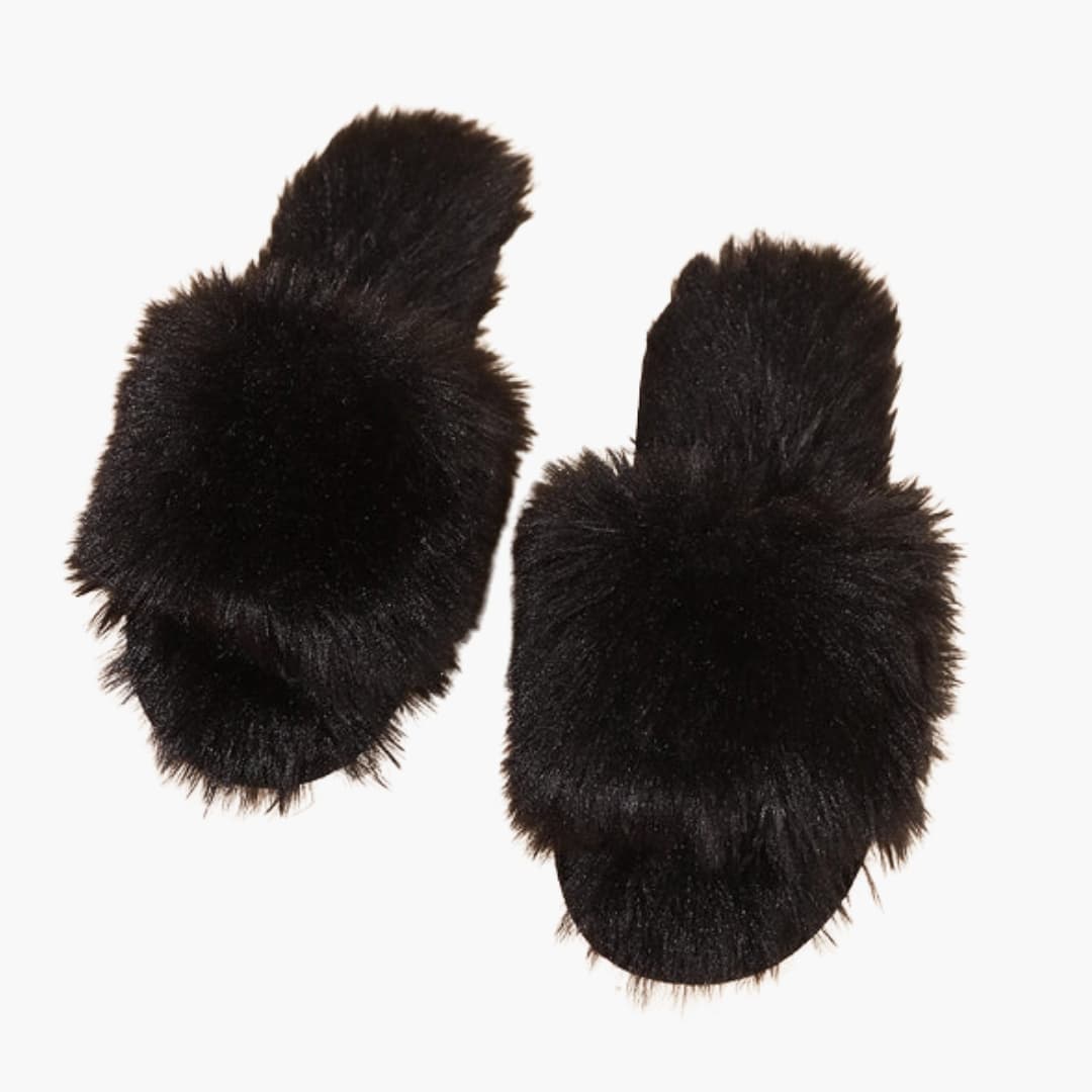 Damen Hausschuhe mit offener Spitze und Kunstfell