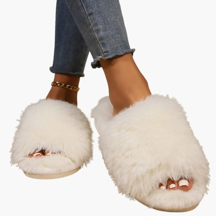 Damen Hausschuhe mit offener Spitze und Kunstfell