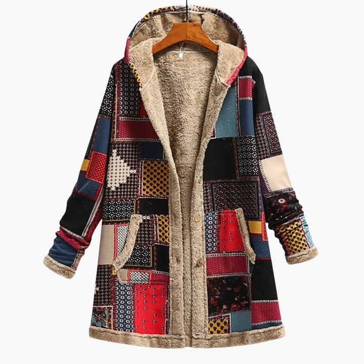 Damen Kapuzenjacke mit Knöpfen und Patchwork-Oberfläche