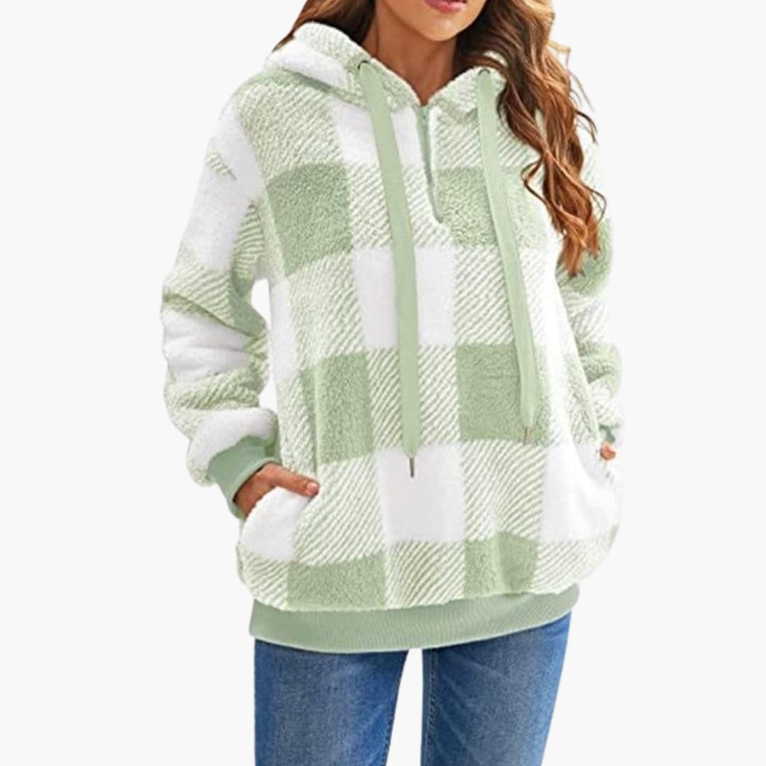 Damen Kapuzenpullover mit Halbzipp und Karomuster