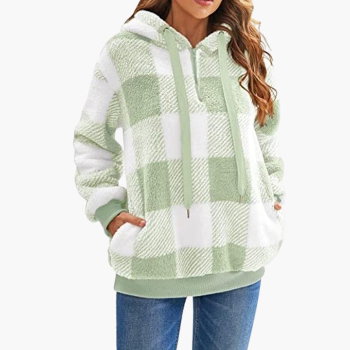 Damen Kapuzenpullover mit Halbzipp und Karomuster