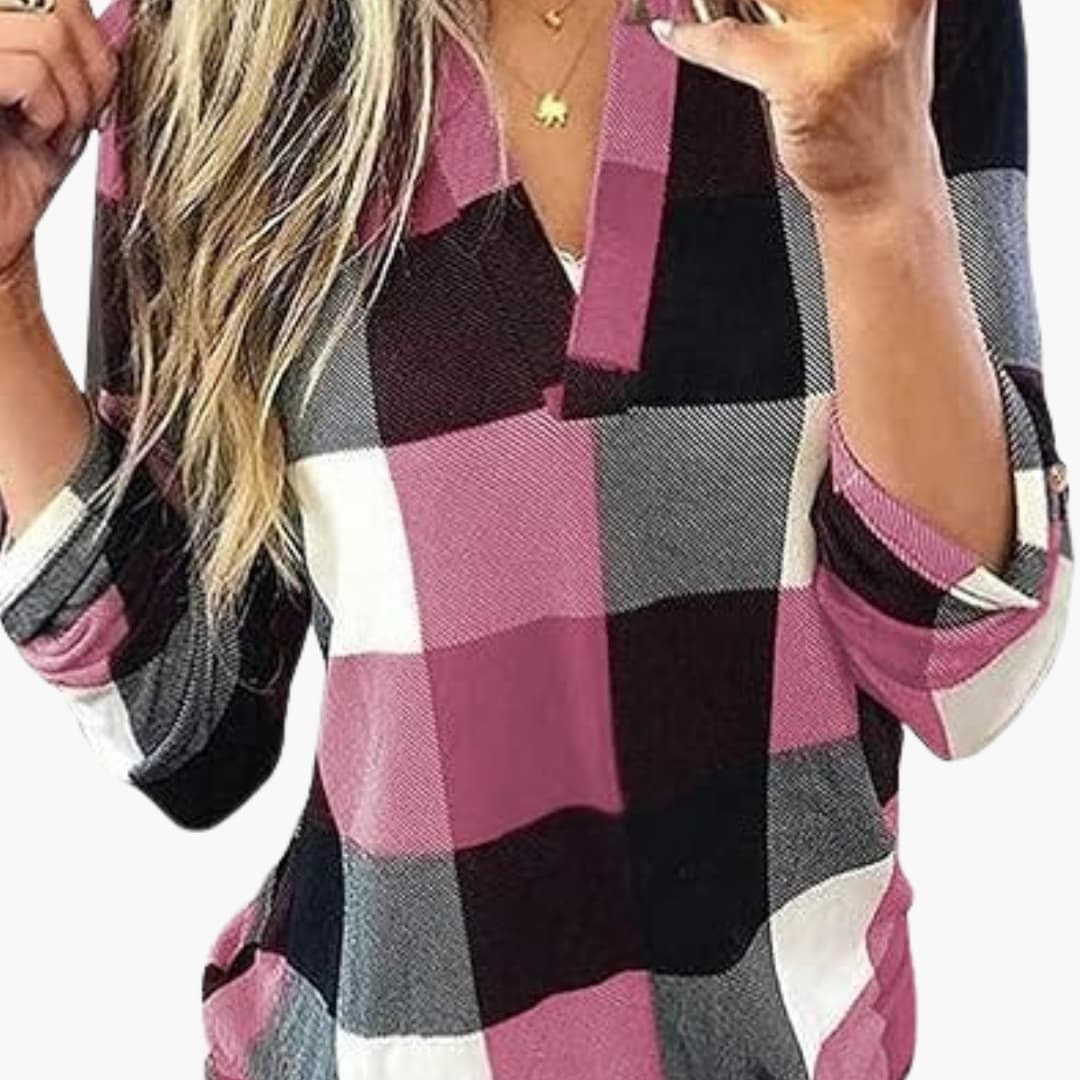 Damen Karobluse mit V Ausschnitt und langen Ärmeln