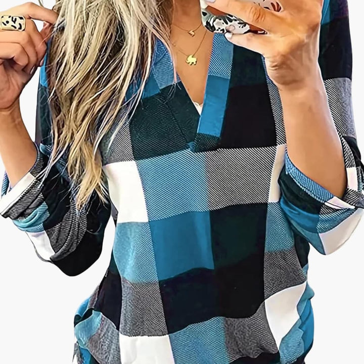 Damen Karobluse mit V Ausschnitt und langen Ärmeln