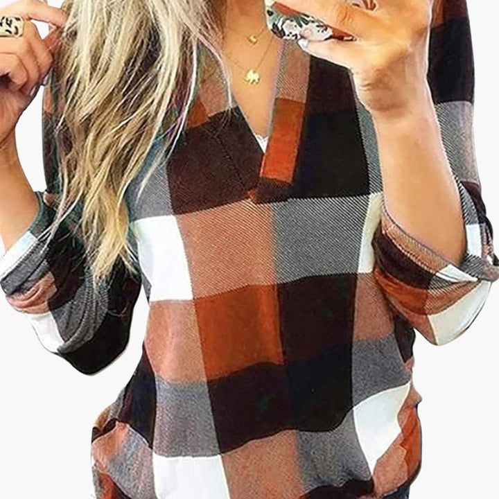 Damen Karobluse mit V Ausschnitt und langen Ärmeln
