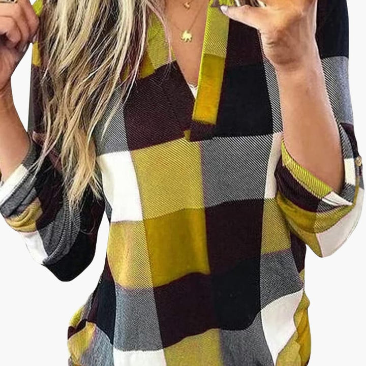 Damen Karobluse mit V Ausschnitt und langen Ärmeln