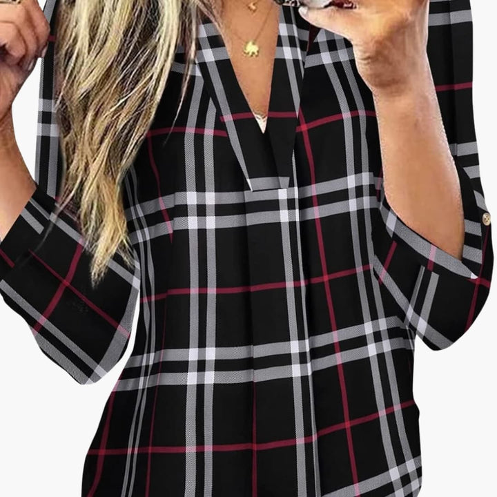 Damen Karobluse mit V Ausschnitt und langen Ärmeln