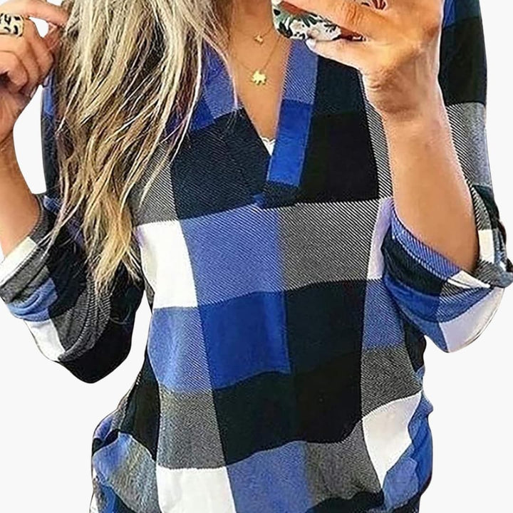 Damen Karobluse mit V Ausschnitt und langen Ärmeln