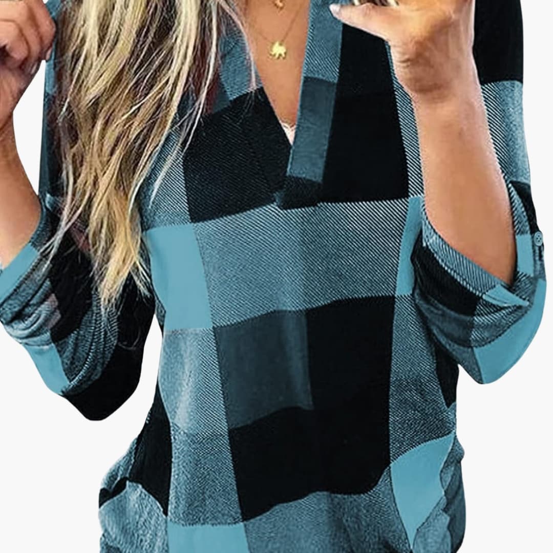 Damen Karobluse mit V Ausschnitt und langen Ärmeln