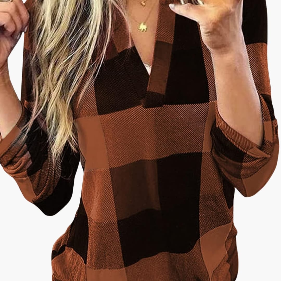 Damen Karobluse mit V Ausschnitt und langen Ärmeln