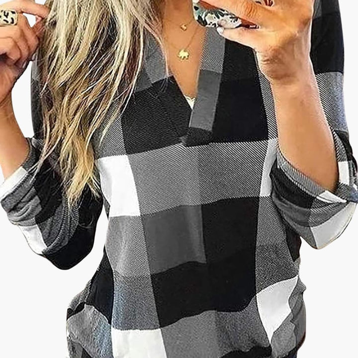 Damen Karobluse mit V Ausschnitt und langen Ärmeln