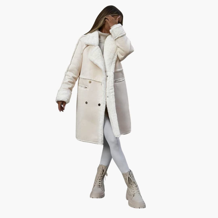 Damen Langmantel mit Reverskragen und Frontknopfverschluss