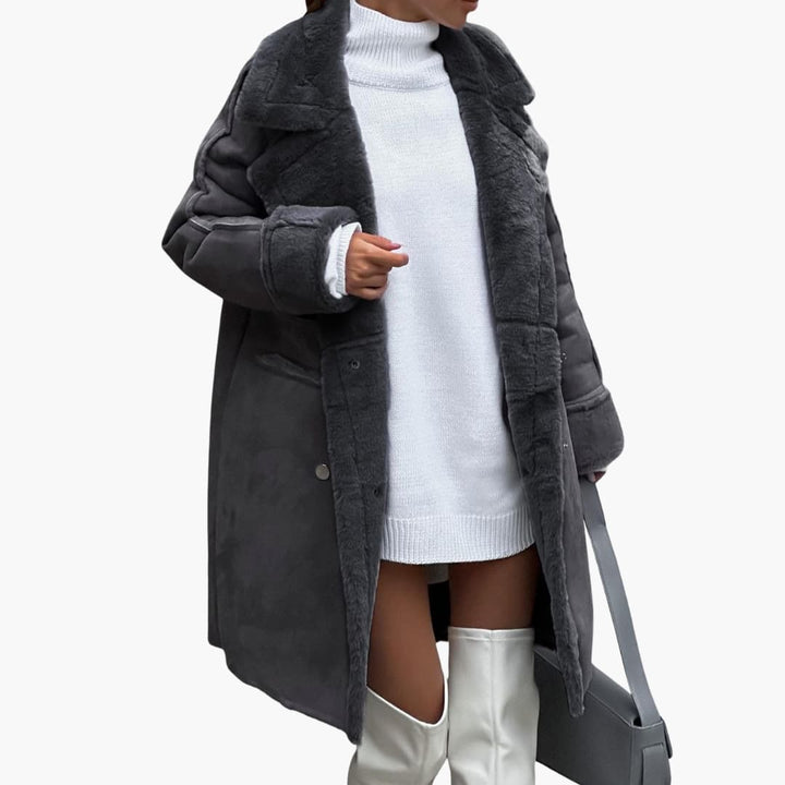 Damen Langmantel mit Reverskragen und Frontknopfverschluss