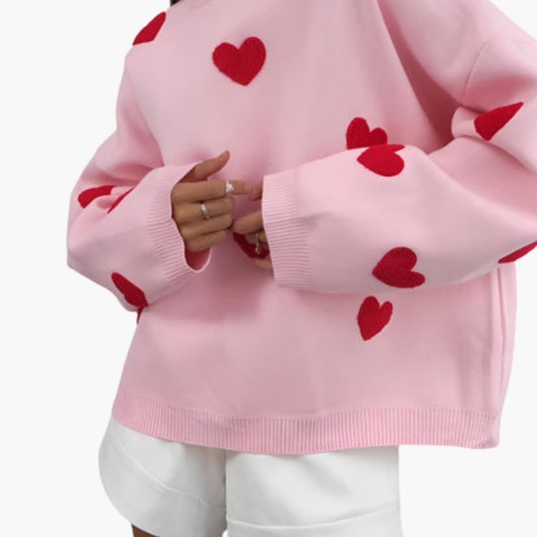 Damen Oversize Pullover mit Rundhalsausschnitt und Herzmuster
