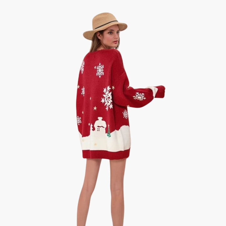 Damen Oversize Weihnachtspullover mit Schneemann und Tannenbaum Print