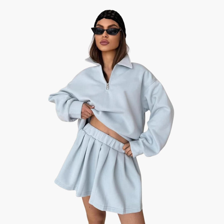 Damen Pullover mit Halbzipp und Faltenrock