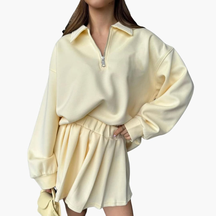 Damen Pullover mit Halbzipp und Faltenrock