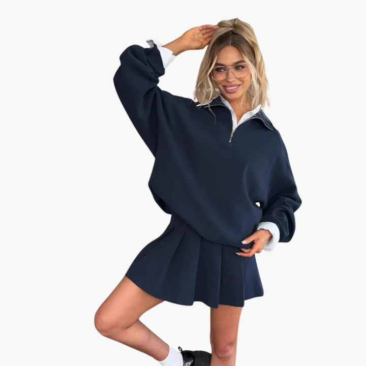 Damen Pullover mit Halbzipp und Faltenrock