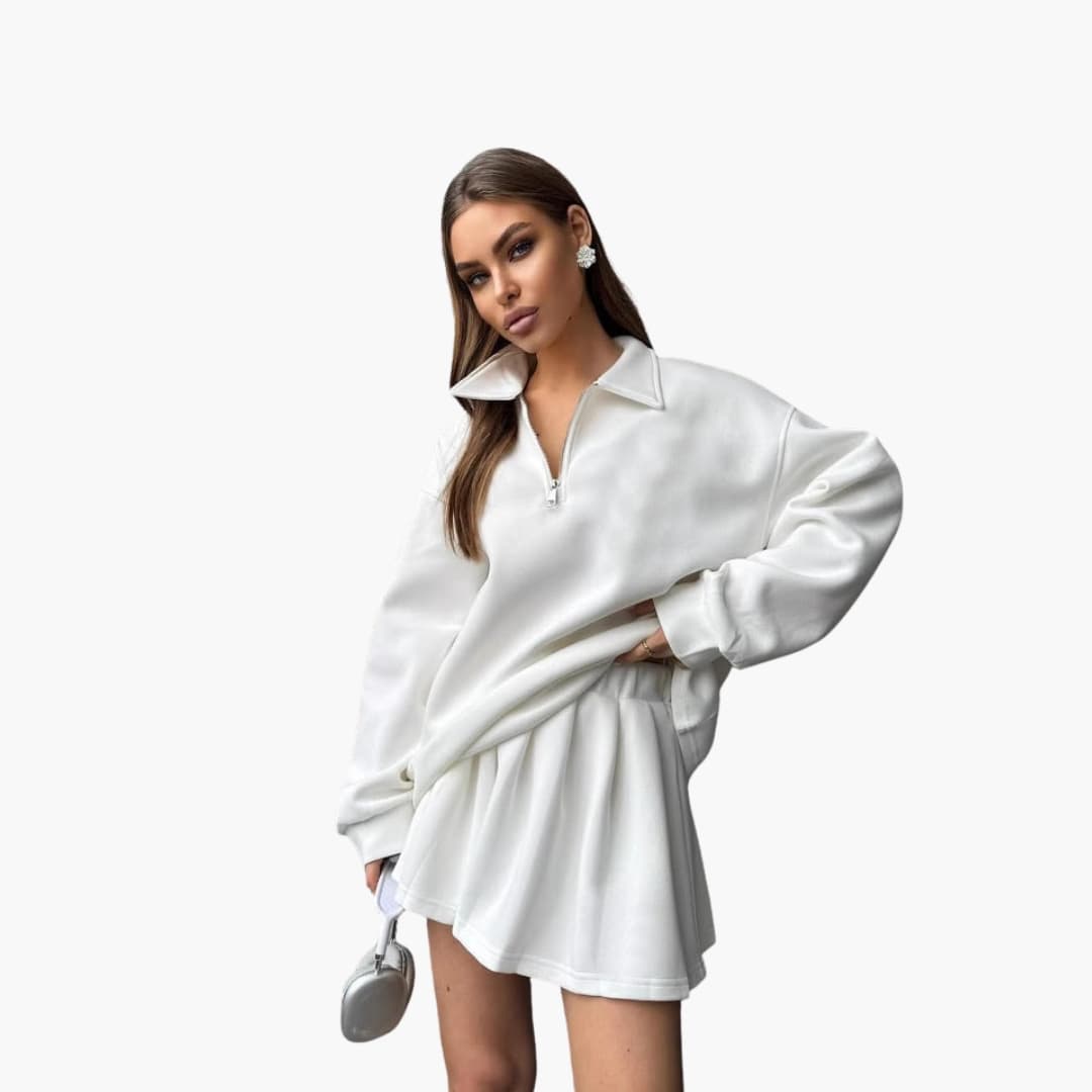 Damen Pullover mit Halbzipp und Faltenrock