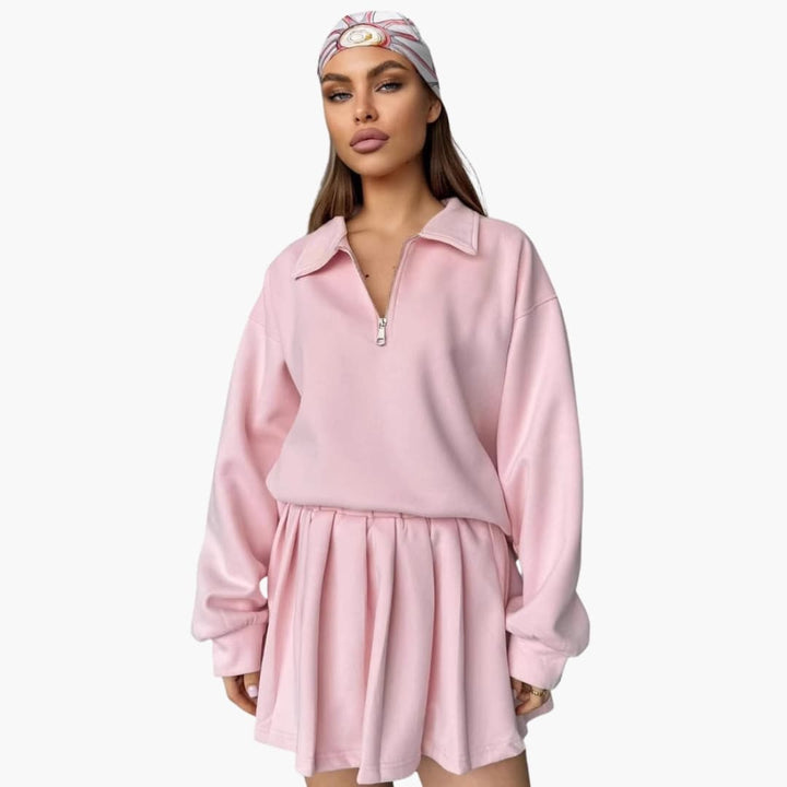 Damen Pullover mit Halbzipp und Faltenrock