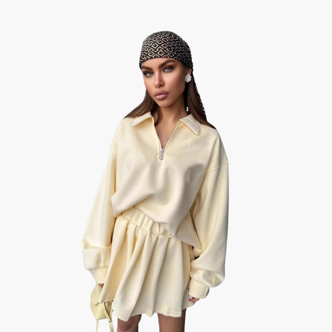 Damen Pullover mit Halbzipp und Faltenrock