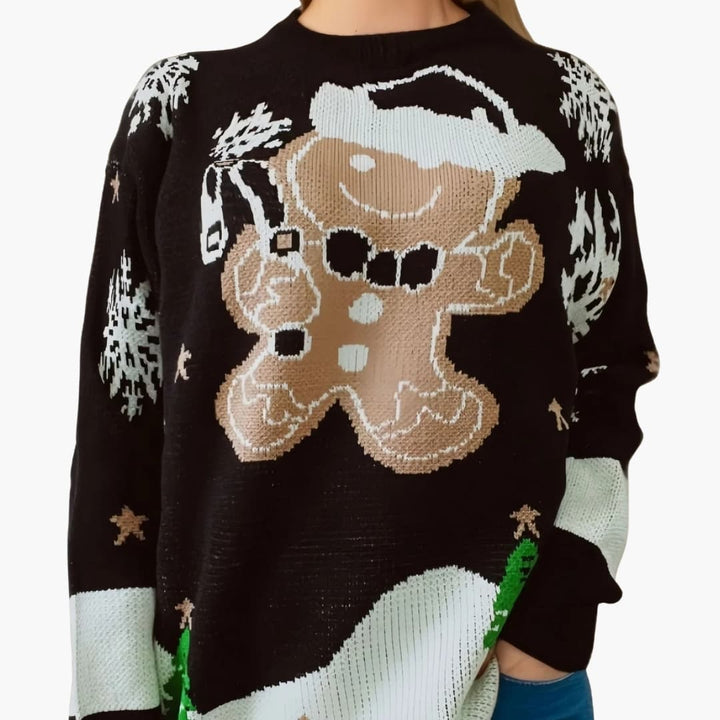 Damen Pullover mit Lebkuchen Motiv und strukturierter Strickoberfläche