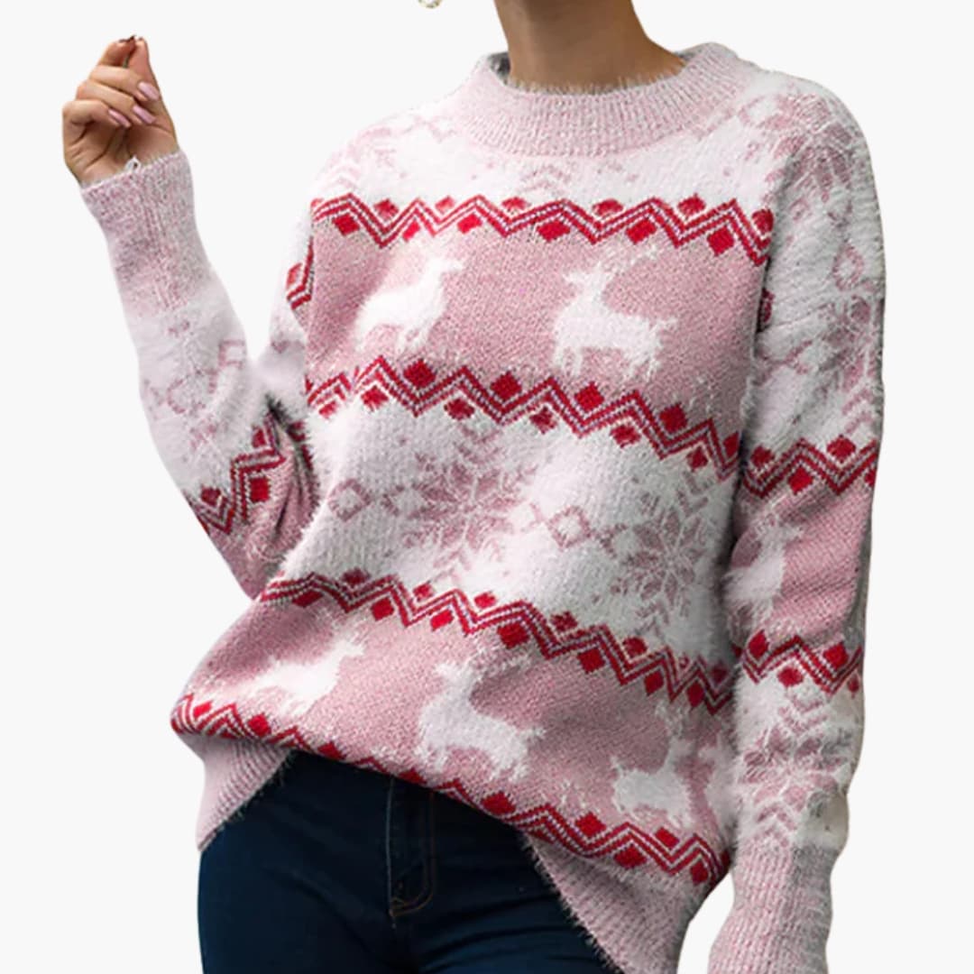 Damen Pullover mit Rentiermuster und gerippter Strukturfläche