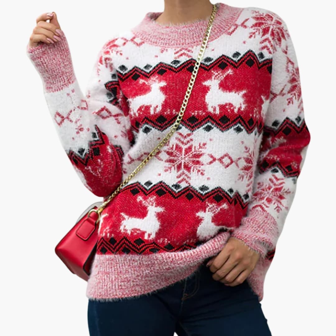 Damen Pullover mit Rentiermuster und gerippter Strukturfläche