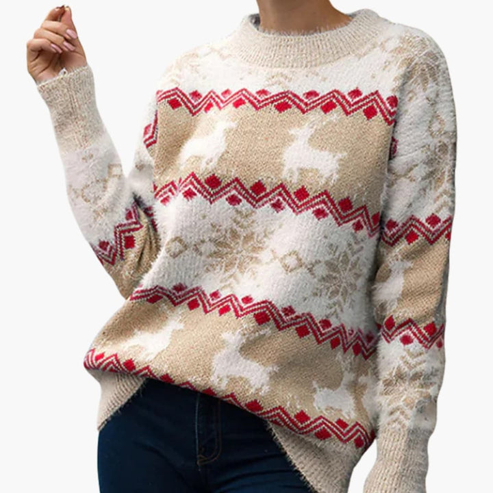 Damen Pullover mit Rentiermuster und gerippter Strukturfläche