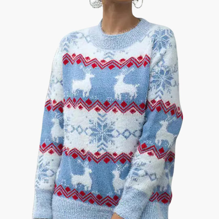 Damen Pullover mit Rentiermuster und gerippter Strukturfläche