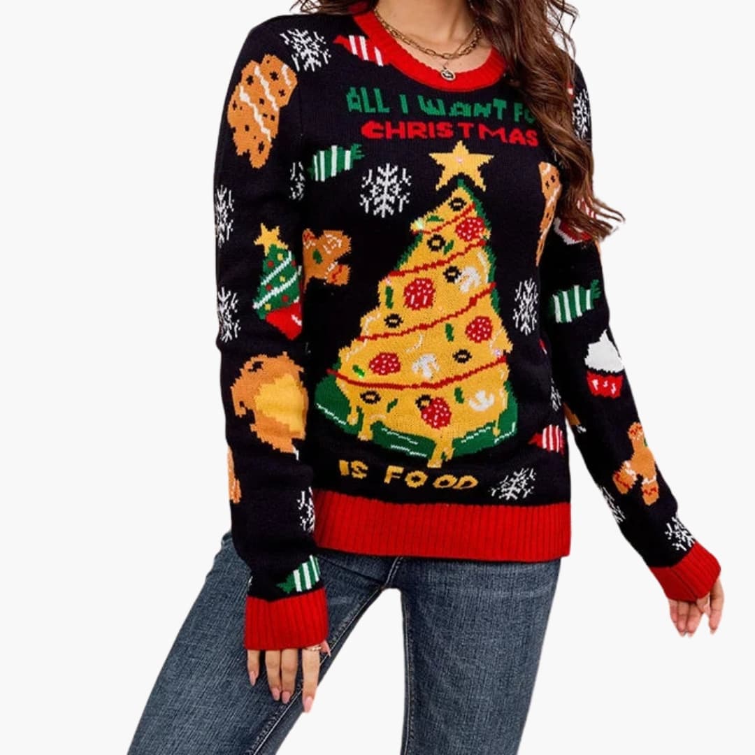 Damen Pullover mit Rundhalsausschnitt gewebtem Baummotiv und geraden Ärmeln
