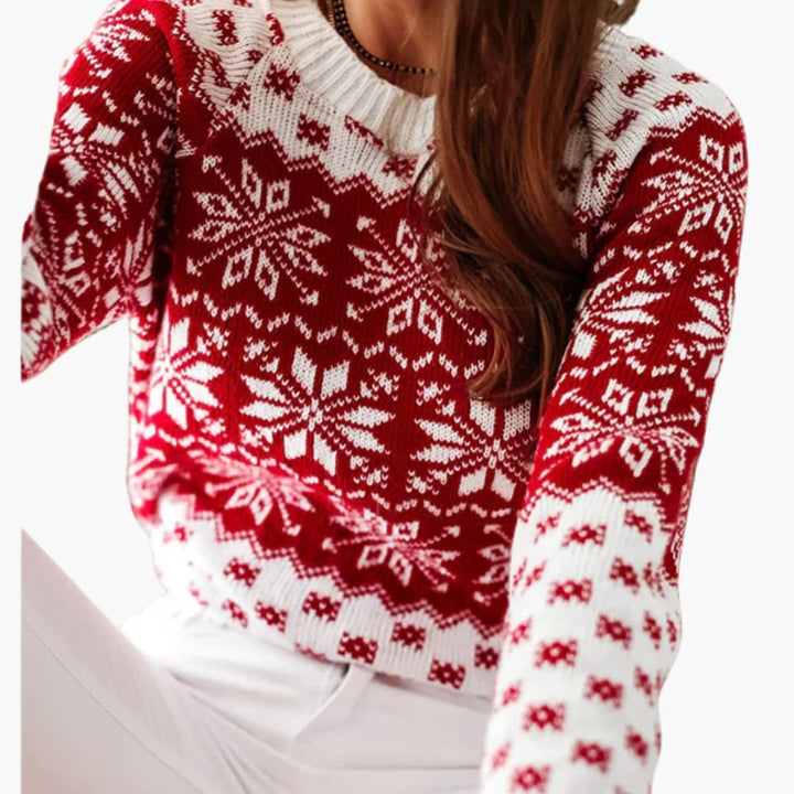 Damen Pullover mit Schneeflocken Motiv und gerippter Strukturfläche
