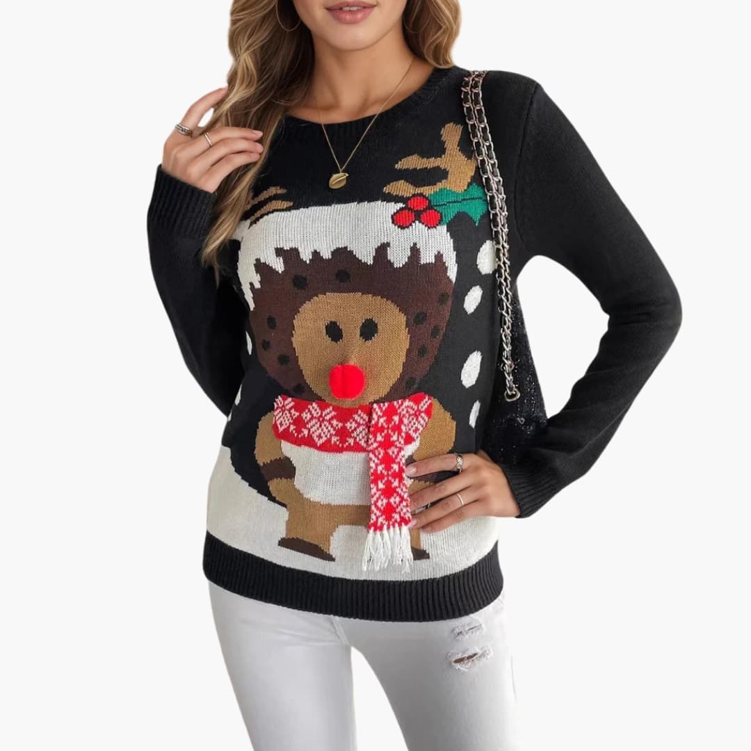 Damen Pullover mit festlichem Rentiermotiv und Strickstruktur