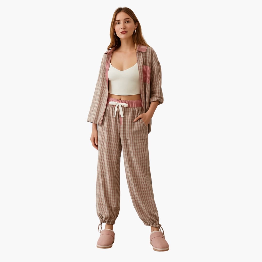 Damen Pyjama Set mit Hemd und Kordelzughose