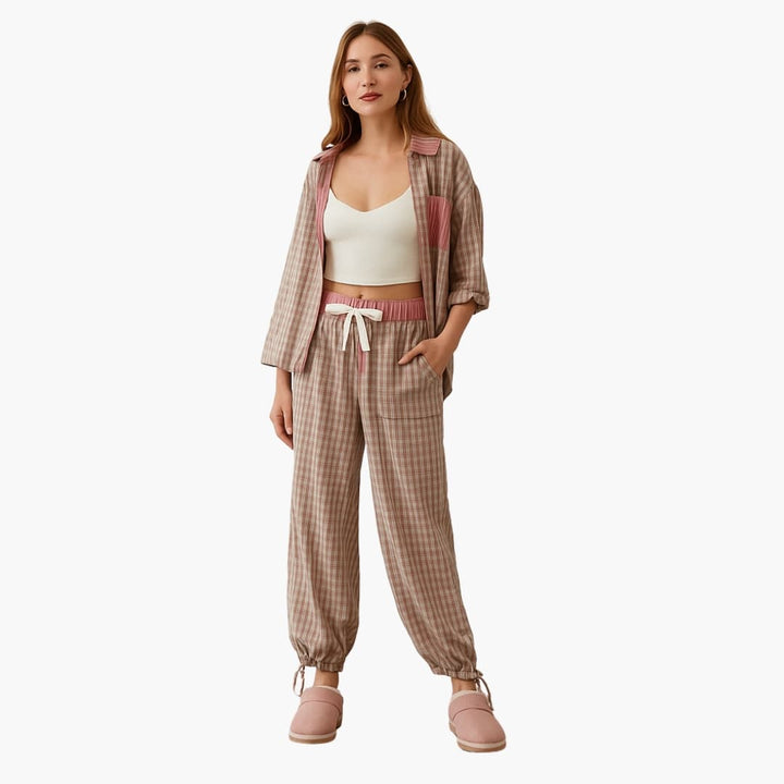 Damen Pyjama Set mit Hemd und Kordelzughose