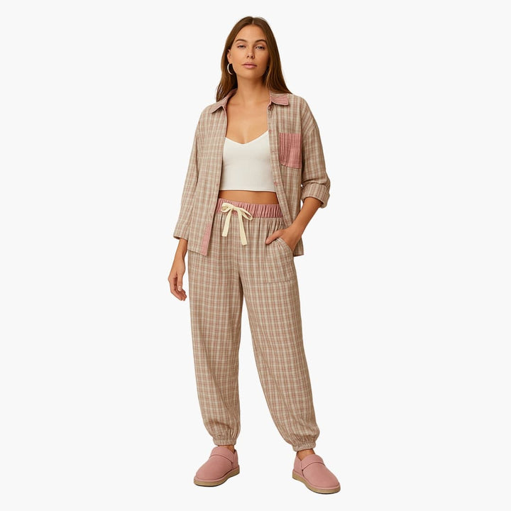 Damen Pyjama Set mit Hemd und Kordelzughose